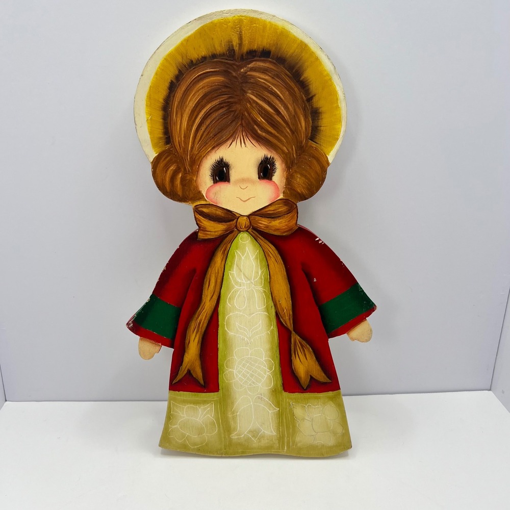 Folk Art Wood Christmas Girl 15" Angel Caroler Holiday 70s Vintage Hand Painted